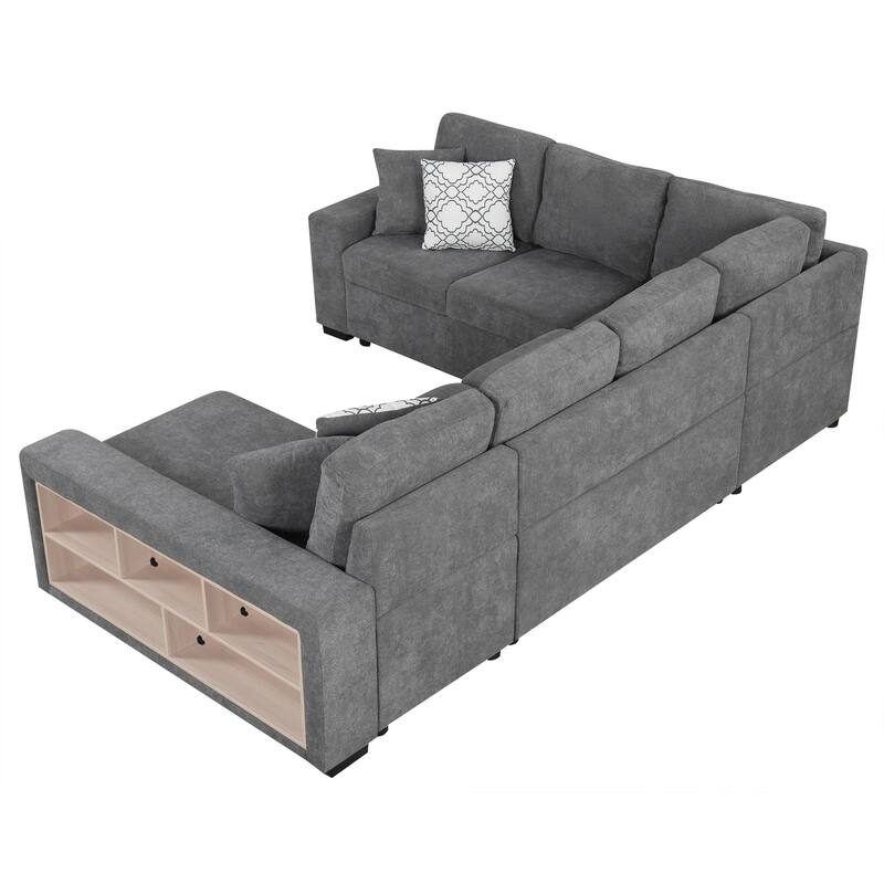 Grey 109" U-Shaped 6 Seater Sectional Sofa with Pull-Out Bed, Storage Chaise Lounge, 4 Back Pillows, and USB Charging Ports