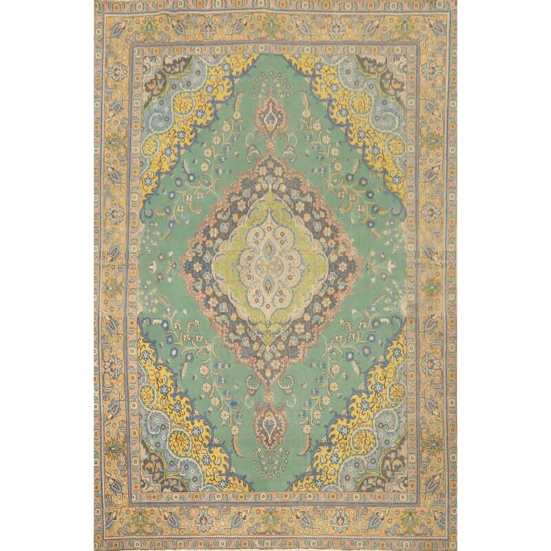 Hand Knotted Oriental 100% Wool Carpet Traditional Floral Green Tabriz Area Rug - 12' 10'' X 9' 6''