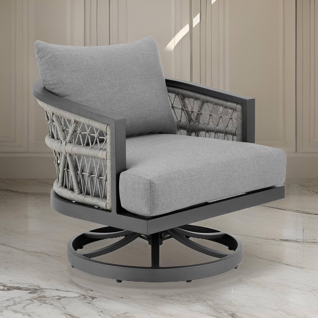 Hosa 30 Inch Outdoor Patio Swivel Armchair, Gray Metal Frame, Woven Rope