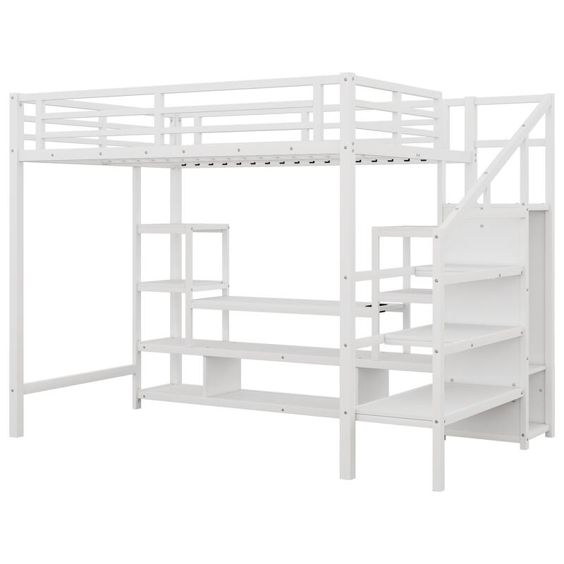 Roomfitters Full Metal Loft Bed, Staircase Storage and TV Stand with Wardrobe for Bedroom, White