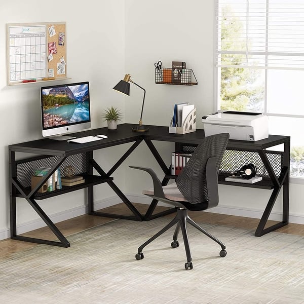 L Shaped Computer Desk With K Shape Leg And Open Storage Shelves Overstock 32500313 Side by side, t shaped, l shaped corner desks, even an adjustable height workstation that can serve as more than just a computer desk.