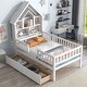 preview thumbnail 10 of 16, Pine Wood Twin Bed with House-Shaped Headboard, Fence Guardrails, and Drawers White