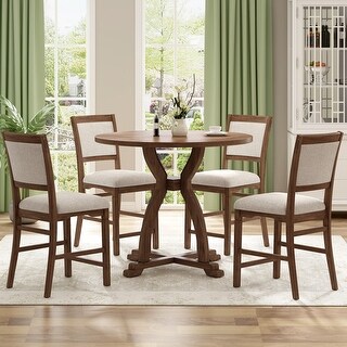 Wooden 5-Piece Round Dining Table Set with 4 Upholstered Chairs - Bed ...