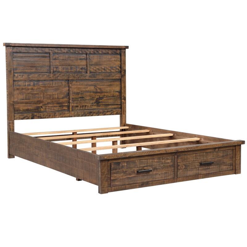 Rustic Reclaimed Solid Wood Framhouse Storage Queen Panel Bed With 2