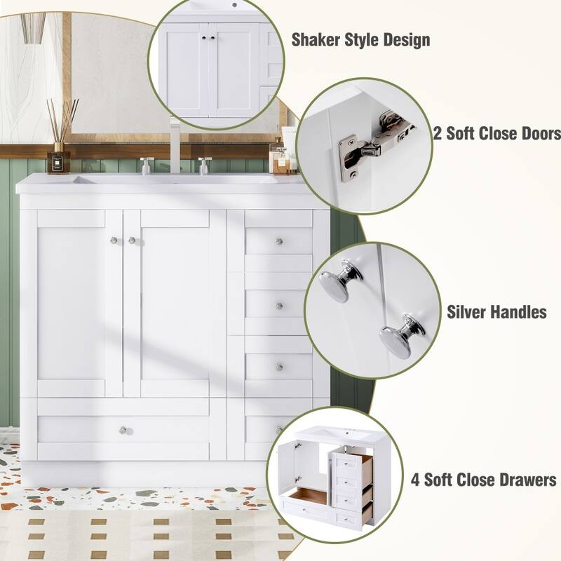 36'' Shaker Style Modern Free-standing Bathroom Vanity with Sink, 4 Drawers and 2 Doors