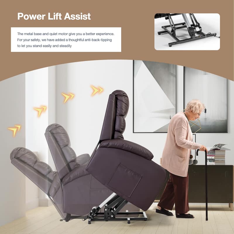 Oversized Power Lift Recliner Chair with Massage & Heat, PU Leather, USB Port, Cup Holders & Pockets