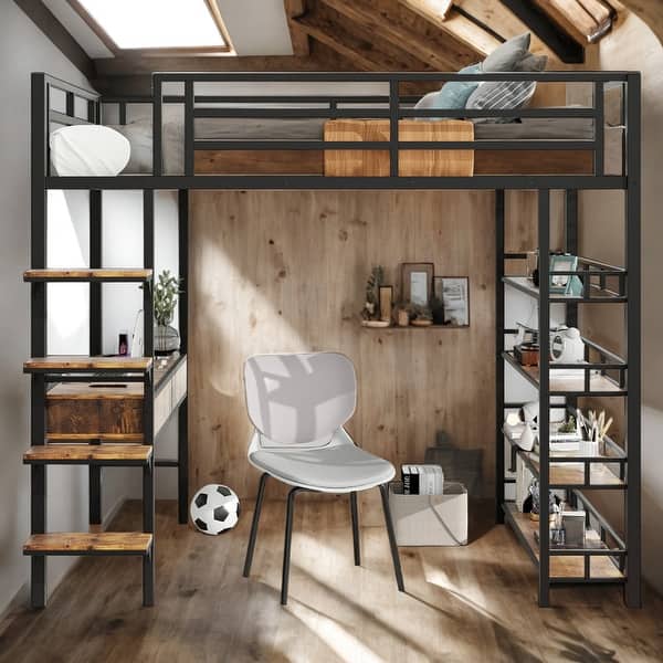 slide 2 of 12, Black Metal Full Size Loft bed with Desk and Shelves,Kids Bed Design