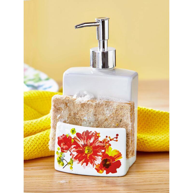 Spring Floral Soap Dispenser - Multicolor Bone China Hand Wash Pump for Kitchen or Bathroom - 4.72" H x 4.13" L x 6.54" W