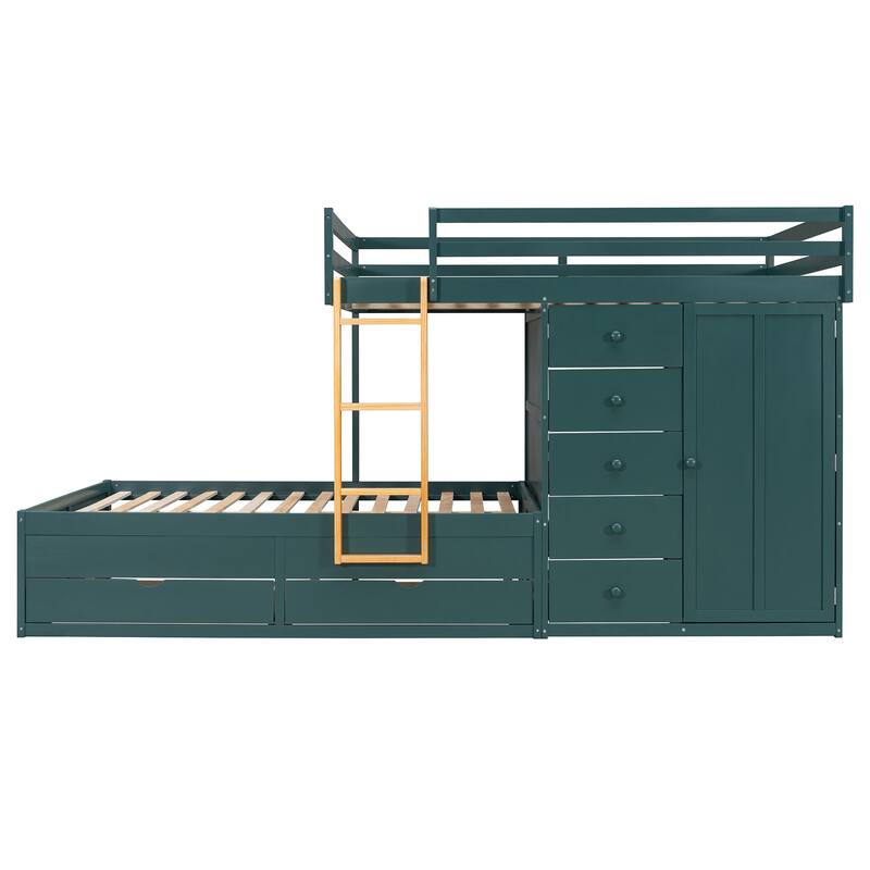 Kids Bed Frame Full Over Full Bunk Bed with Drawers and Wardrobe