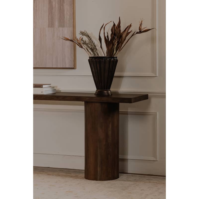 NADAAL STUDIOS Elowynne Console Table, Reclaimed Neem Wood with Twin Cylindrical Bases, Warm Brown