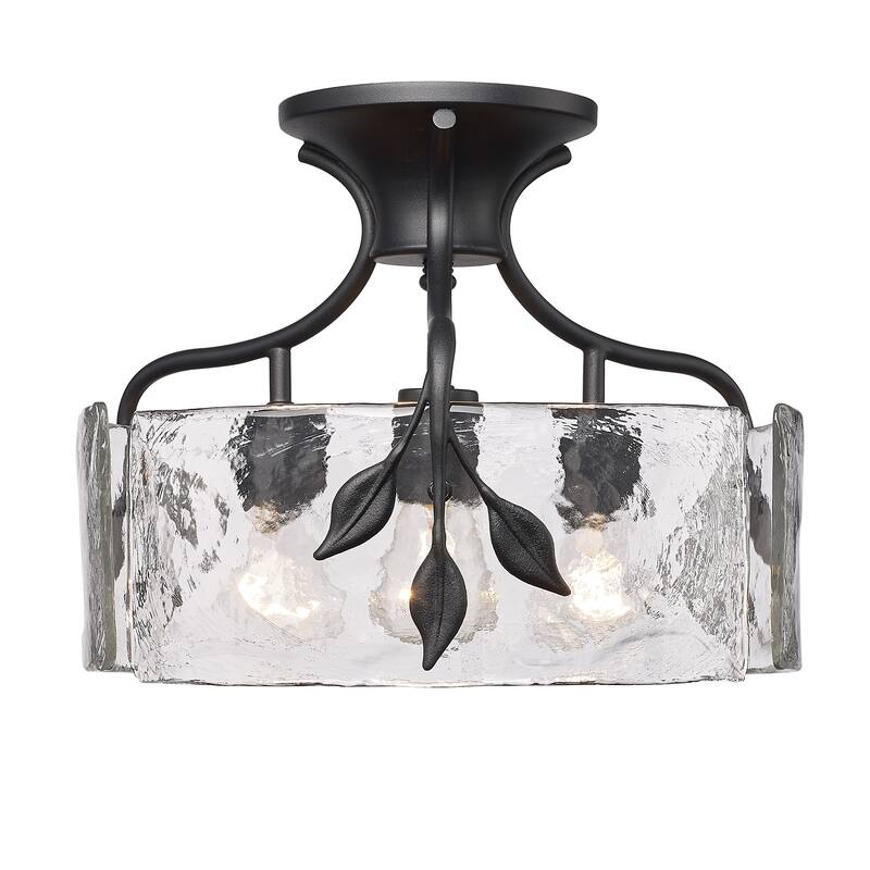 Calla 15" Wide 3-Light Semi-flush with Hammered Water Glass Shade - Matte Black