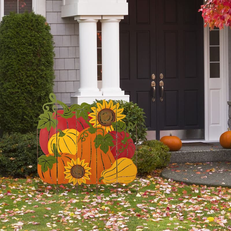 Glitzhome Fall Metal Pumpkin Patch Combo Yard Stake Highland Cow Wall Decor for Thanksgiving