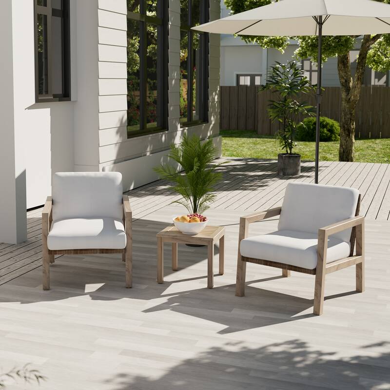 3-Piece Wood-grain Aluminum Patio Conversation Set with Rattan Chair Back and Cushions