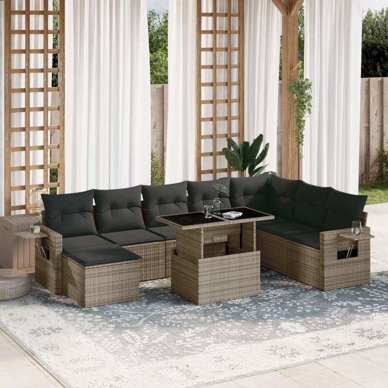 vidaXL Patio Sofa Set with Cushions Outdoor Furniture 9 Piece Poly Rattan - Grey-without storage - 21.7 x 39.4 x 27.2