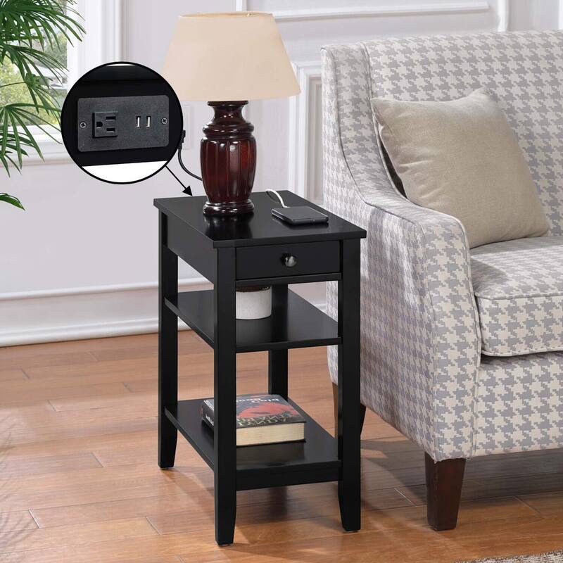 Three Tier End Table with Smooth Drawer and Open Shelves, Transitional Accent Side Table for Storage and Decorative Display