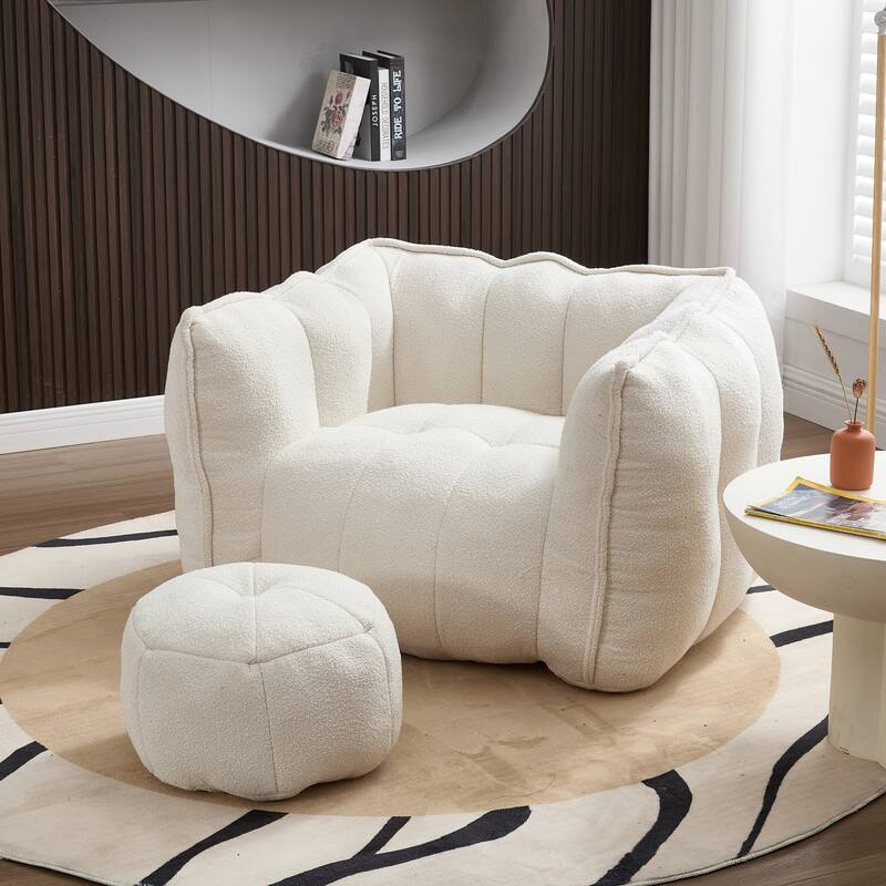 Extra-Large Chenille Bean Bag Chair with Footstool, Comfy Bean Bag Sofa for Adults, High Resilient Foam Square Lazy Sofa