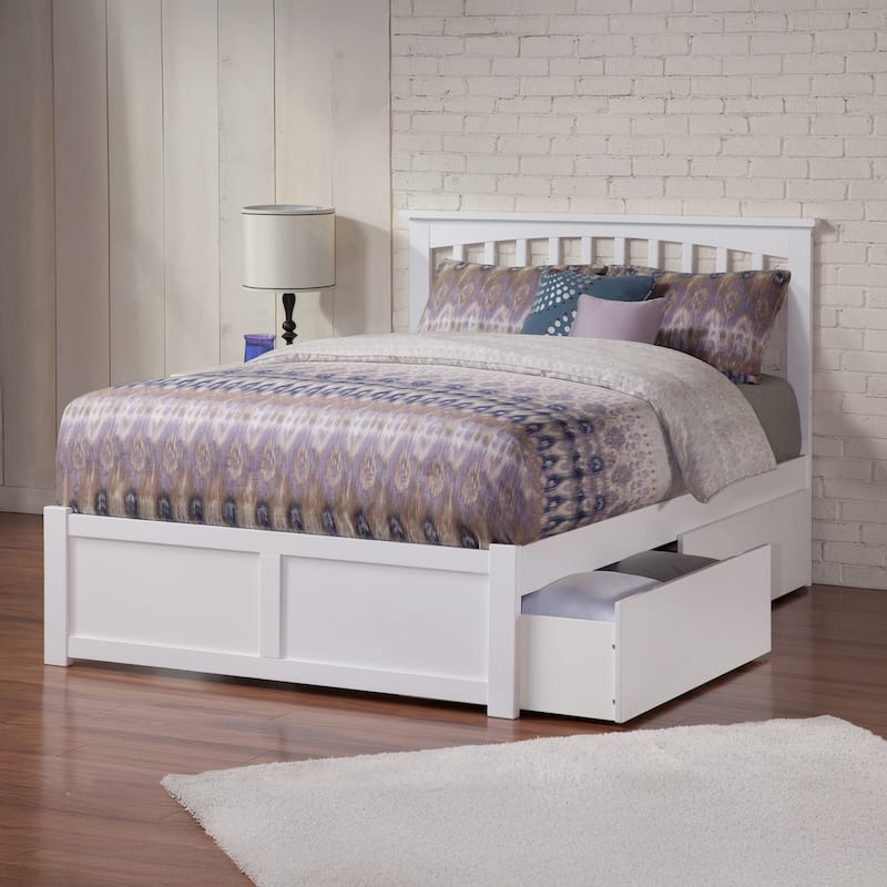 Mission Full Solid Wood Platform Bed with Footboard & 2 Storage Drawers in White