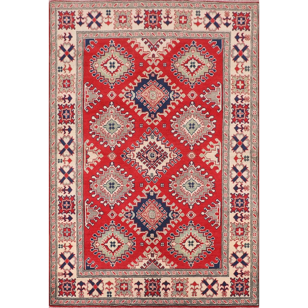 Traditional Red Kazak Rug Hand-Knotted Oriental Wool Carpet - 5'0" x 6'7"