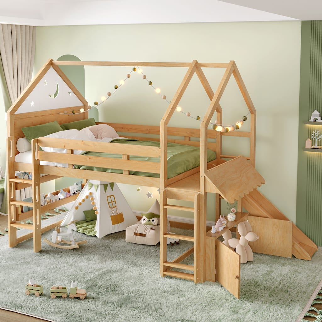 Starry Moon Kids Bed Frame Full Size Bunk Bed House Loft Bed with Built-in Bookshelves, Ladders and Reversible Slide for Playful