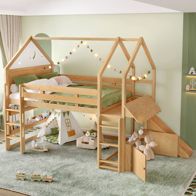 Twin Loft Bed with Slide, Bookshelf & House-Shaped Design for Kids