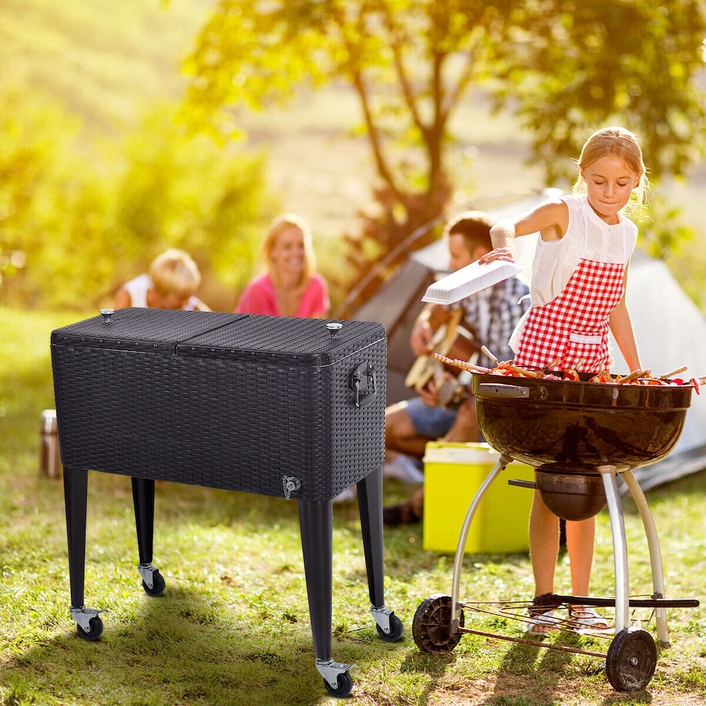 Costway Outdoor Rattan 80QT Party Portable Rolling Cooler Cart Ice