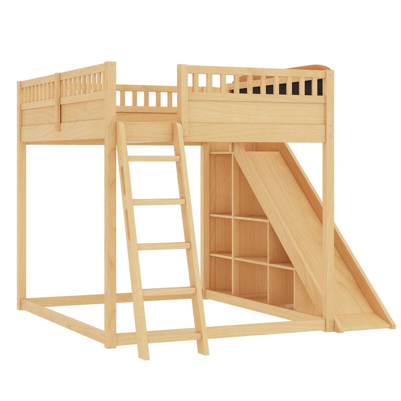 Queen Size Loft Bed with Upholstered Headboard and Storage Shelves, Complete with Ladder and Slide