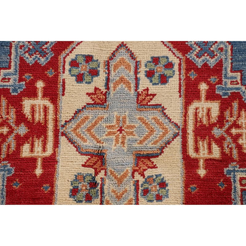 Blue Geometric Kazak Accent Rug Handmade Wool Carpet - 3'2"x 4'8"
