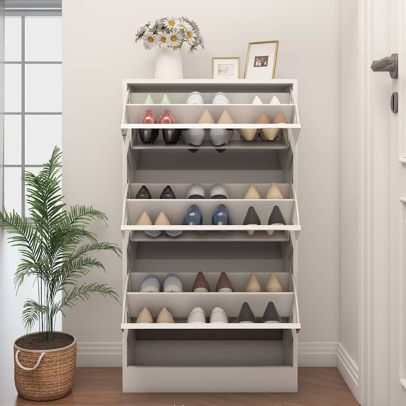 Wood Slim Shoe Storage Cabinet with Mirror
