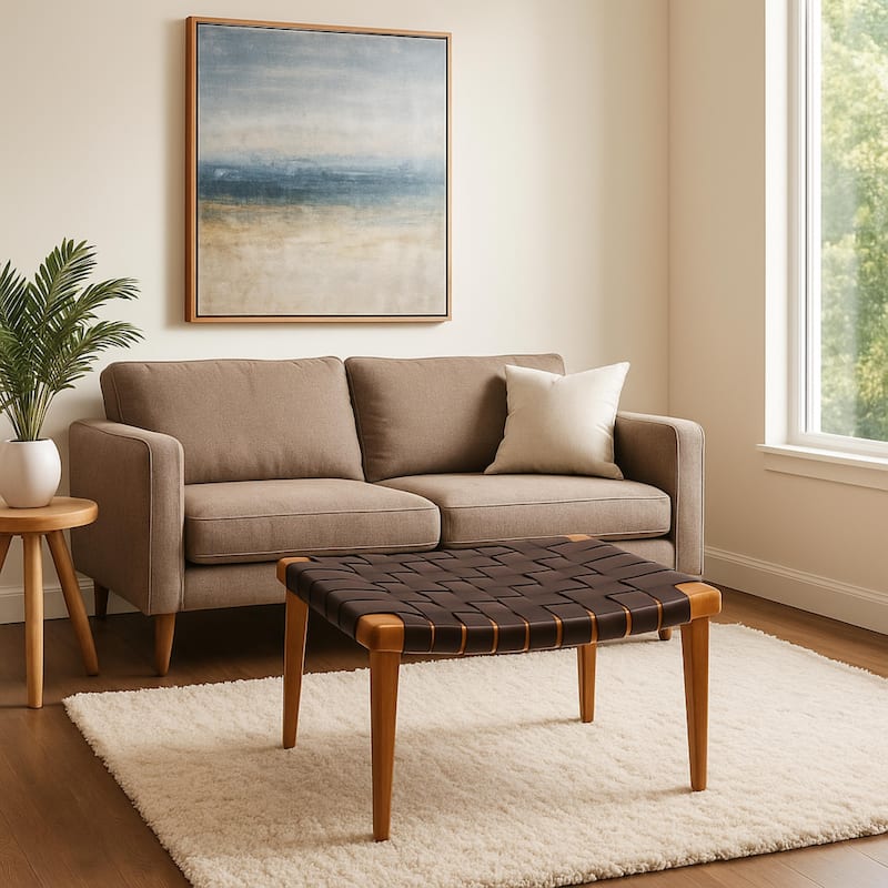 Aria Home Brown Rene Accent Stool with Recycled Leather Seat & Ash Wood Frame