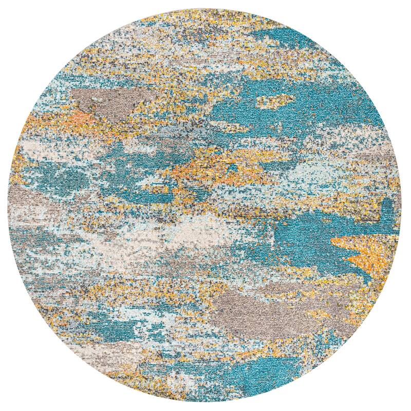 JONATHAN Y Groovy POP Modern Abstract Vintage Waterfall Area Rug - 5' Round - Blue/Brown/Orange