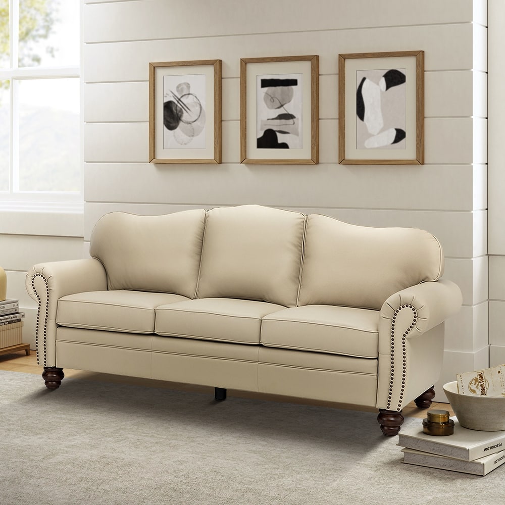 Balvino 81" Wide Transitional Genuine Leather Rolled Arm Nailhead Trim Sofa with Solid Wood Legs