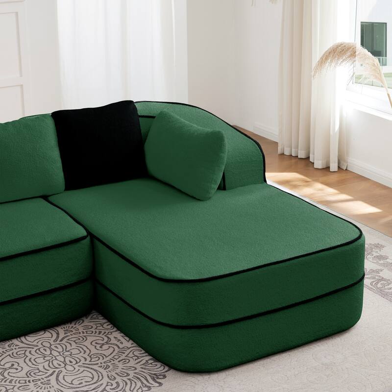 Teddy Fabric Contrast Sofa for Living Room, Upholstered Sectional Couch with L-Shaped Chaise, Boneless Couch with Throw Pillows