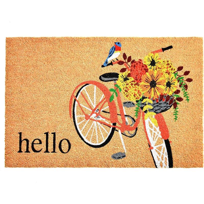 HomeRoots 24" X 36" Brown And Orange Bicycle Floral Hello Outdoor Coir Door Mat - 24.00' X '36.00