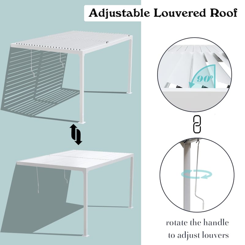 Aoodor Outdoor Aluminum Wall Mounted Louvered Pergola Waterproof Gazebo Sun Shade Shelter with 2 Adjustable Rainproof Panels