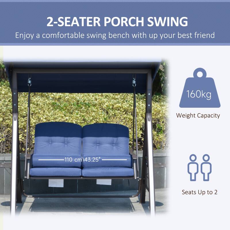 Outsunny 2-Person Patio Swing Chair Outdoor Canopy Swing with Adjustable Shade, Soft Cushions, Throw Pillows and Tray