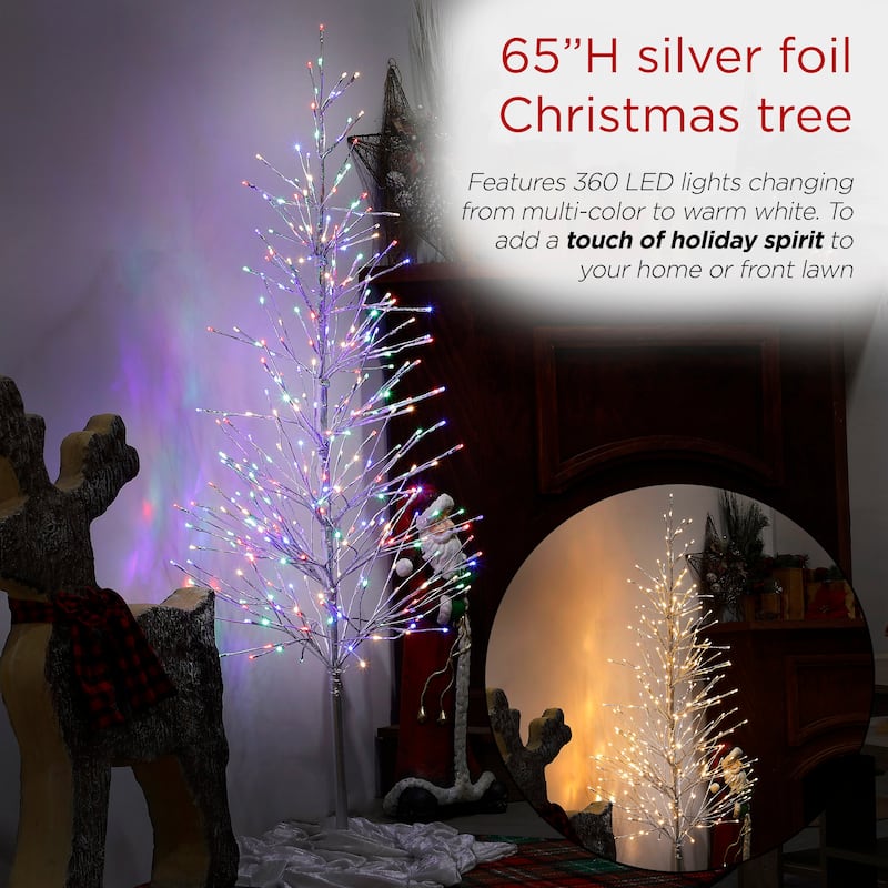 Alpine Corporation 65"H Indoor/Outdoor Pre-Lit Silver Foil Christmas Tree with Yard Stake and 360 LED Lights