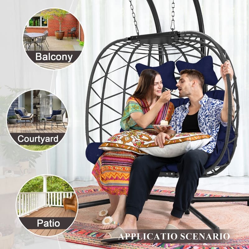 Oversized Outdoor Double Hanging Egg Chair with Cushions, 700 lbs Capacity Swing Chair for Indoor or Patio