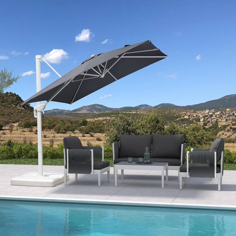 PURPLE LEAF 8 ft White Cantilever Patio Umbrella with 360 Degree Rotation With Base
