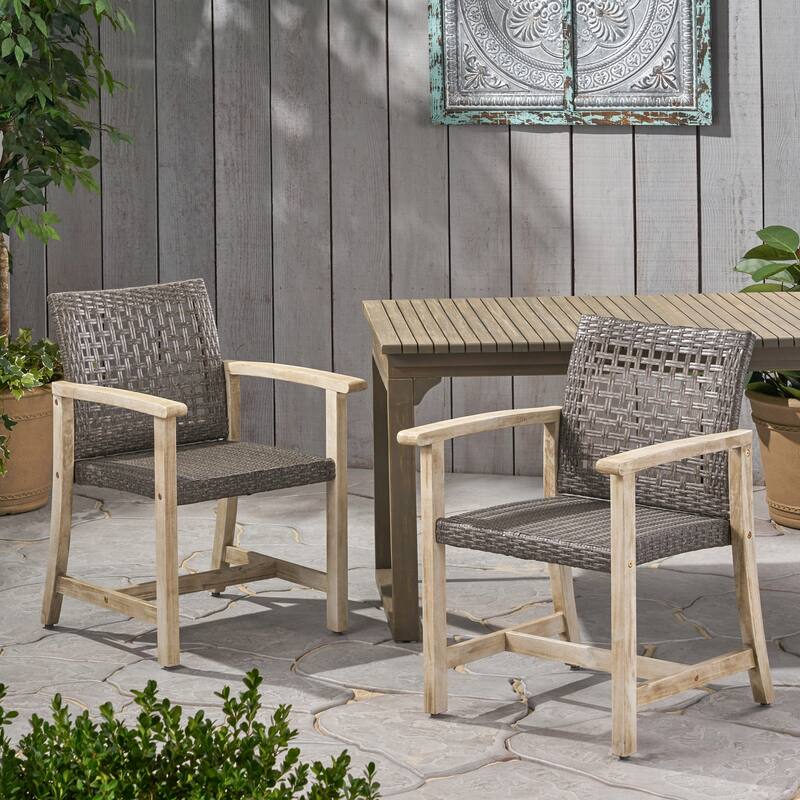 2pc Hampton Dining Chair Set Black Grey Velvet Acacia Wood Wicker Outdoor Patio 33in