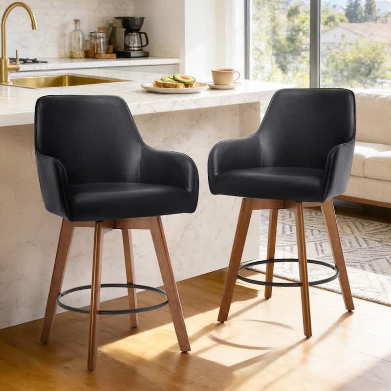 25 Inch Upholstered Swivel Counter Height Bar Stool with Armrests, Solid Wood Legs - 23.6"W x 22.4"D x 40.2"H