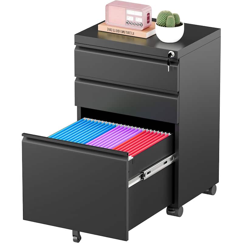 3 Drawer Metal File Cabinet, Mobile or Vertical Office Filling Cabinet - Black with Wheels