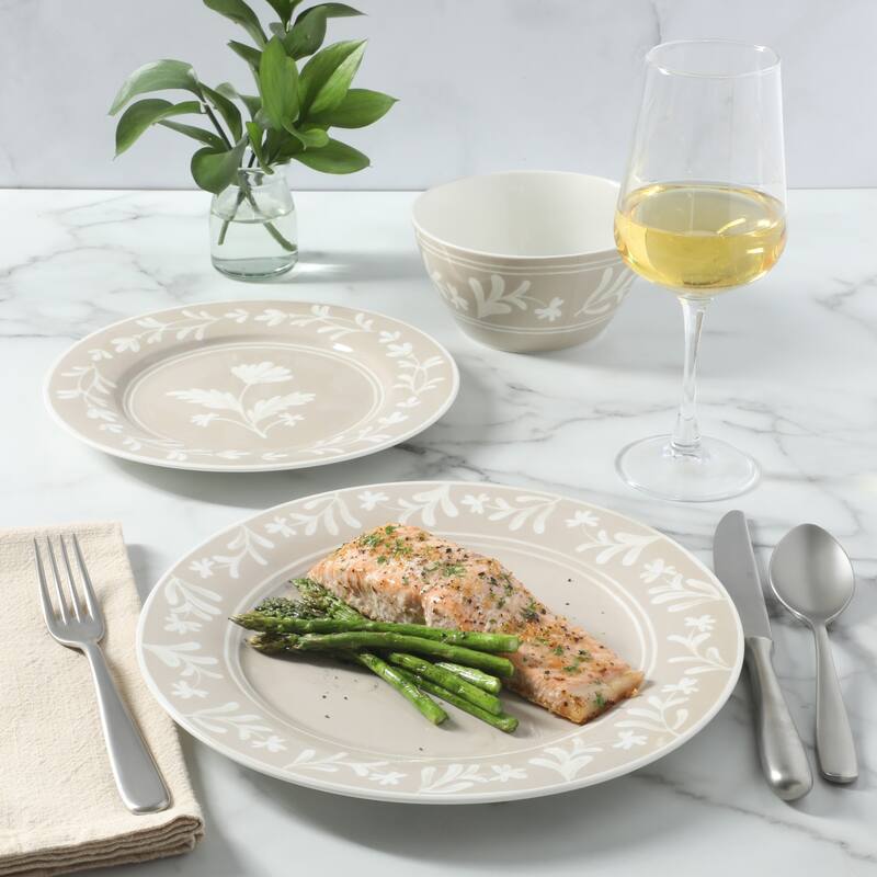 Martha Stewart Maiden Crown 12-Piece Dinnerware Set - Vegan Bone China Ceramic Plates & Bowls - Floral Design - Service for 4