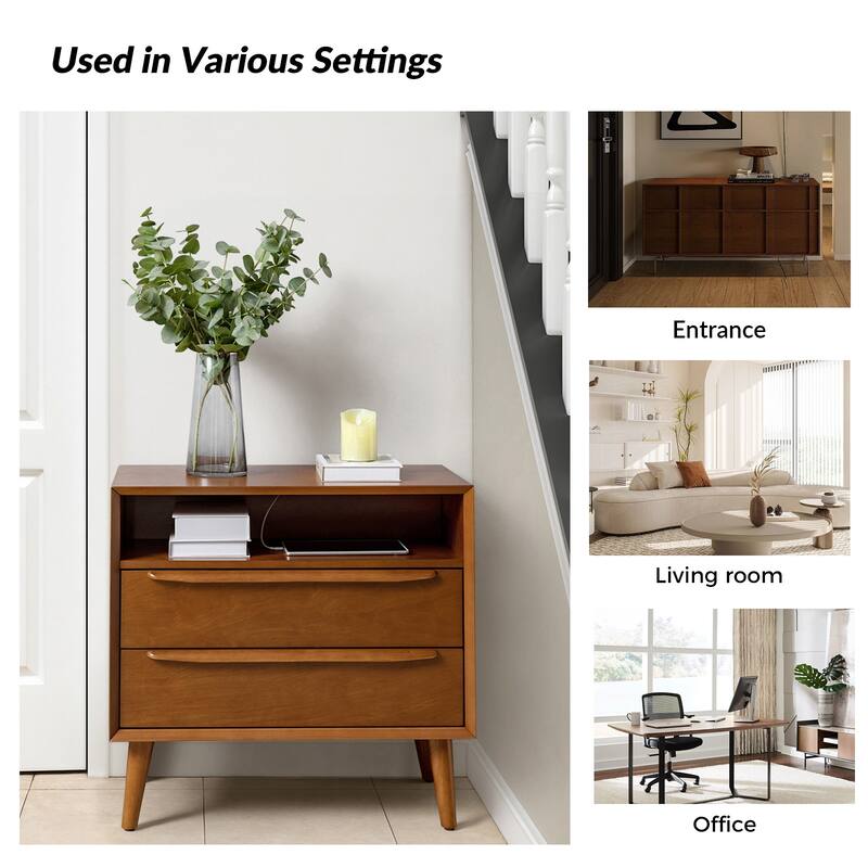 Kay Mid-century Modern 2 - Drawer End Table with Built-In Outlets and USB by HULALA HOME