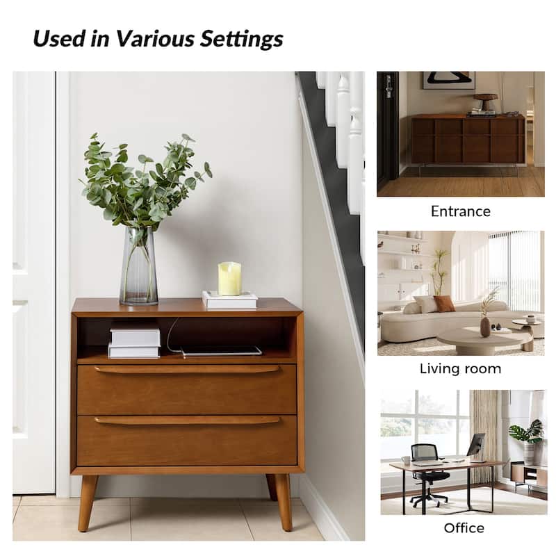 Kay Mid-century Modern 2 - Drawer End Table with Built-In Outlets and USB set of 2 by HULALA HOME