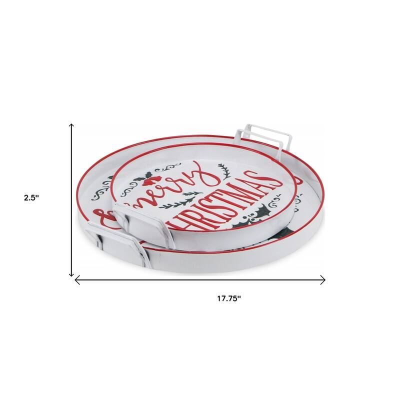 HomeRoots Set of Two White Round Metal Christmas Handmade Serving Tray With Handles - 17.75 in. x 2.50 in. x 16.00 in.