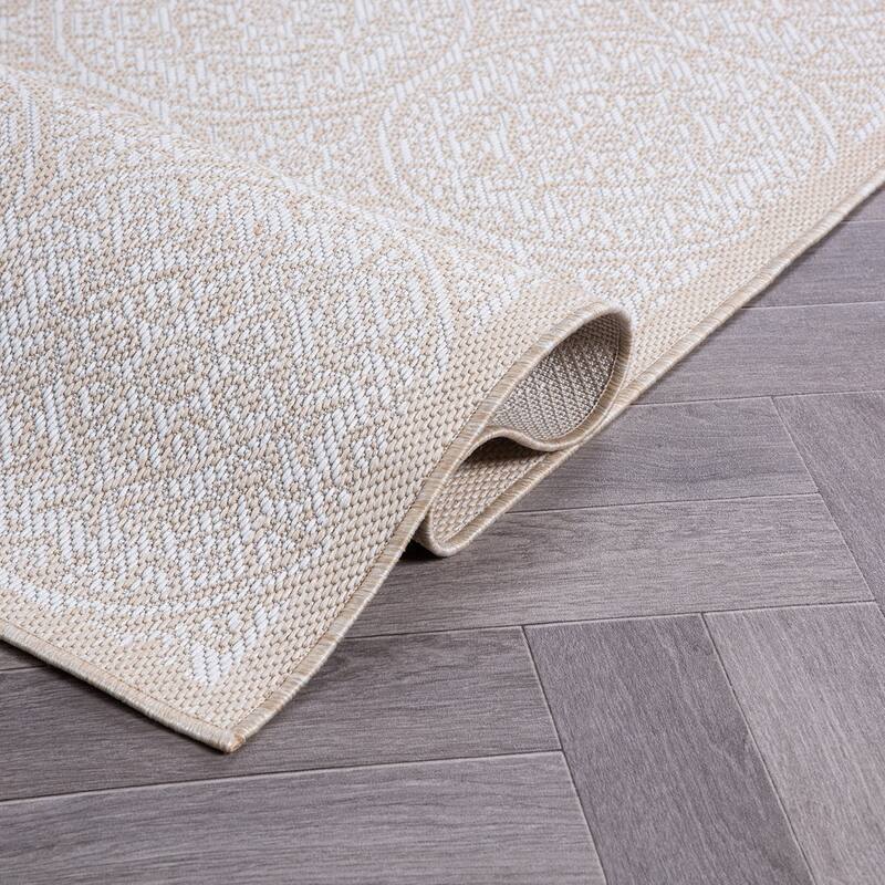 World Rug Gallery Transitional Floral Circles Textured Flat Weave Indoor/Outdoor Area Rug