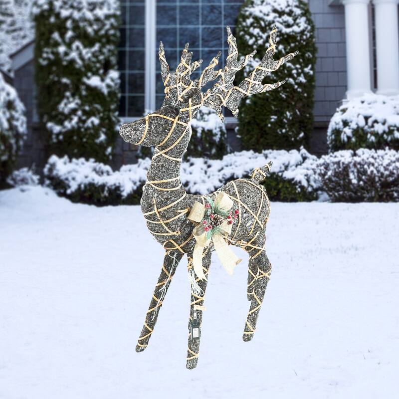 Twig with Natural Rattan Wrapped Reindeer and Warm White LED