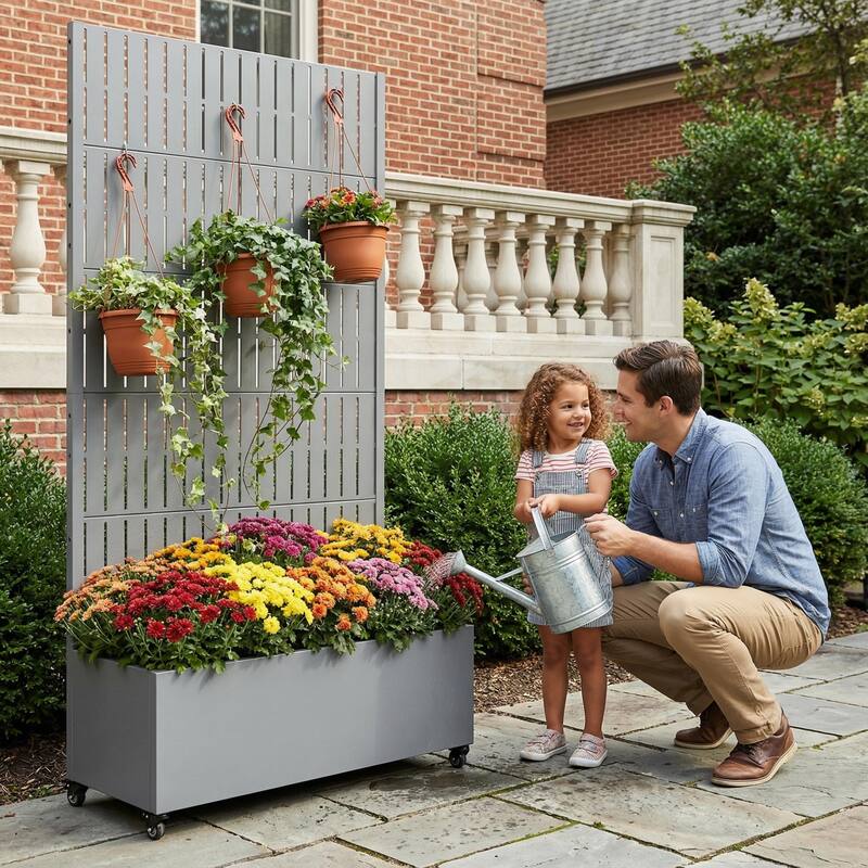 Raised Garden Bed Planter with Trellis Movable Planter Box with Lockable Wheels