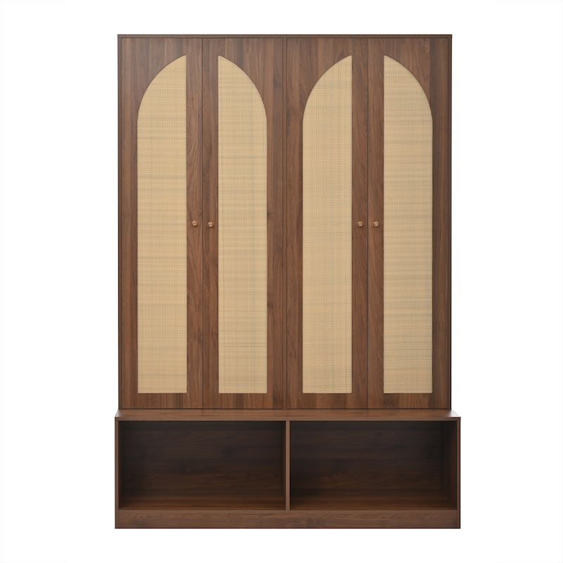 Farmhouse Widen Hall Tree with 4 Rattan Doors, Versatile 4-In-1 Seating Bench with 6 Hooks, Mid-Century Entryway Shoe Cabinet