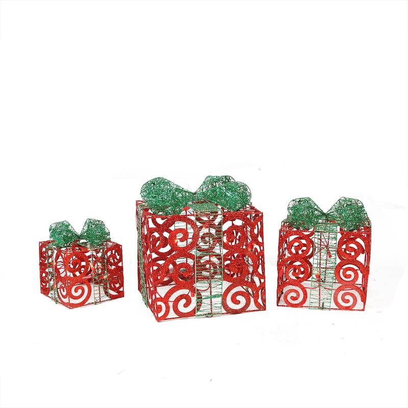 3 Lighted Red Swirl Glitter Gift Boxes Christmas Decorations 10"